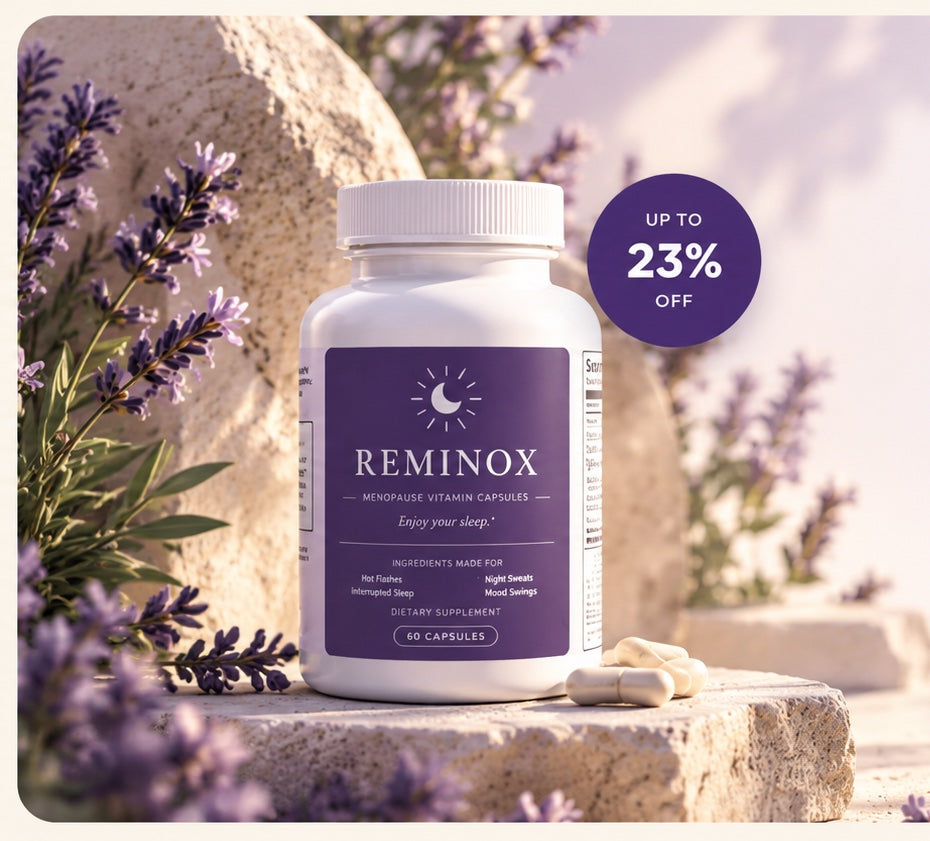 Reminox bottle on a stone ledge surrounded by lavender, with an up to 23% off badge