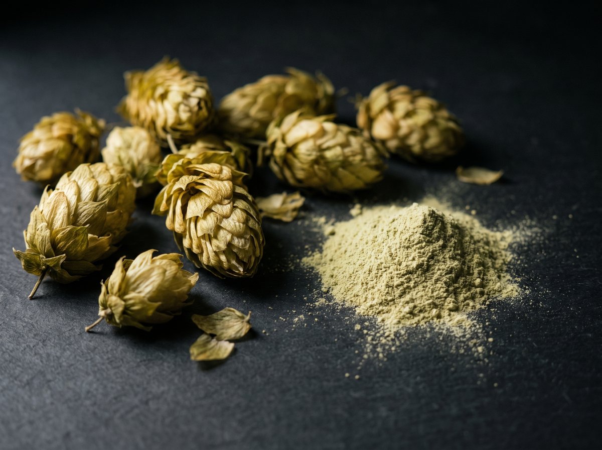 Dried hops flower cones and extract powder