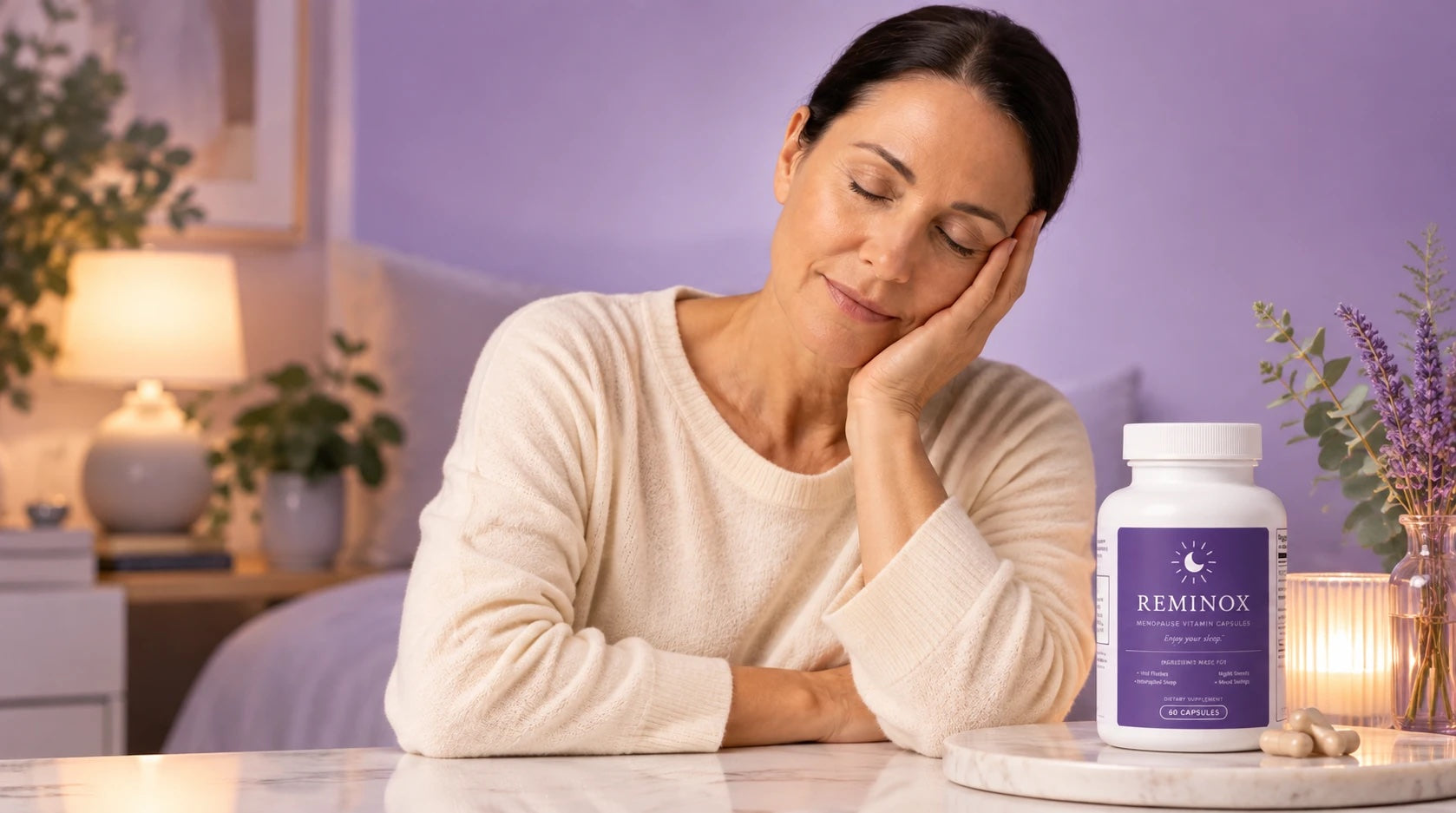 A relaxed woman resting with a bottle of Reminox on the table beside her