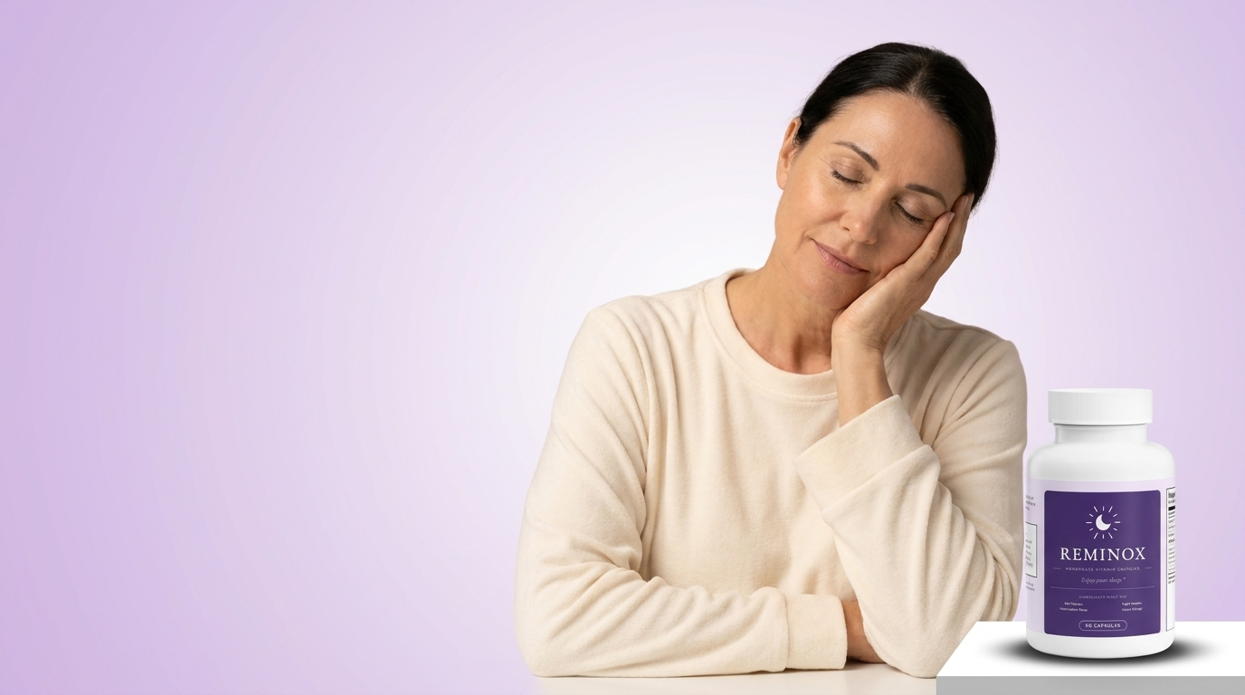 A woman relaxed and at peace, with a bottle of Reminox beside her